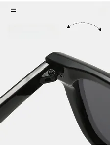 Detail of durable metal hinges on sleek black square frame sunglasses for women
