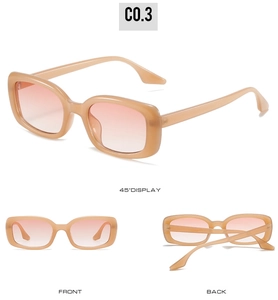 Viste dettagliate degli occhiali da sole rettangolari con montatura beige e lenti rosa