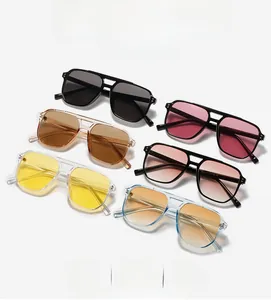 Detail view of retro aviator sunglasses in six assorted colors with double bridge design