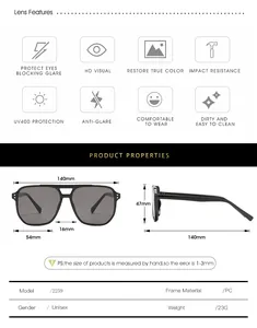 Detailed size chart for retro double bridge sunglasses with frame and lens dimensions