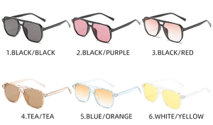 Collage of retro pilot sunglasses in six color options like black, tea and blue