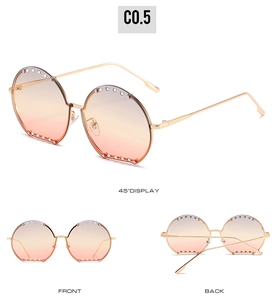 Aperçu à trois vues de lunettes de soleil rondes en strass avec verres dégradés