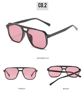 Three views of pilot sunglasses with a double-bridge black frame and pink lenses