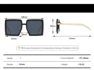 Size chart showing 148mm frame width and chain temple details for square sunglasses