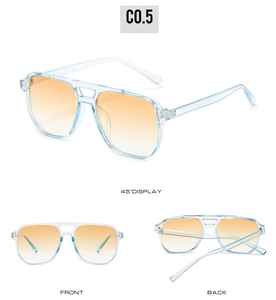 Retro aviator sunglasses with blue frames and orange gradient lenses in multiple angles
