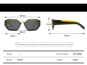 Detailed size chart showing frame dimensions and PC-Metal material for unisex sunglasses