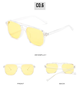 Three-angle view of vintage yellow aviator sunglasses with transparent frame and metal hinge