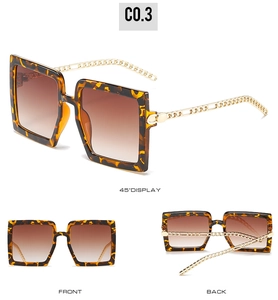 Three-angle view of tortoiseshell square sunglasses featuring gold metal chain temples