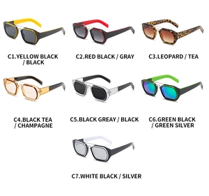 Multiple color variations of double-bridge square sunglasses with textured temples