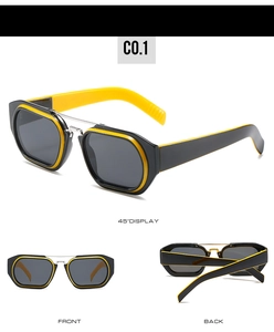 Detailed views of double-bridge square sunglasses in bold black and yellow finish