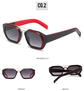 Three angles of square sunglasses with black and red frame and gray gradient lenses