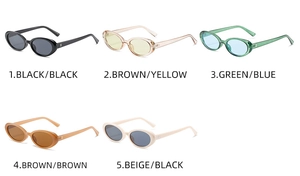 Detaillierte Übersicht der fünf Farbvarianten der ovalen Retro-Sonnenbrille mit Metallakzenten
