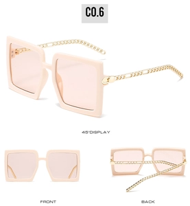 Multiple views of oversized square pink sunglasses with gold chain temples design
