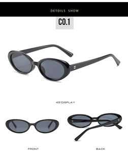 Detailansichten einer kleinen ovalen Sonnenbrille mit schwarzem Rahmen und grauen Gläsern