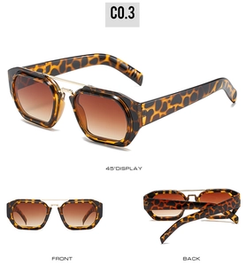 Three-angle view of leopard print square sunglasses with gold double bridge and brown lenses