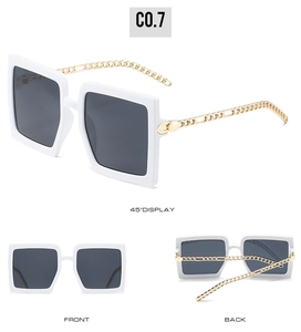 Three views of white square sunglasses with golden metal chain temples and dark grey lenses