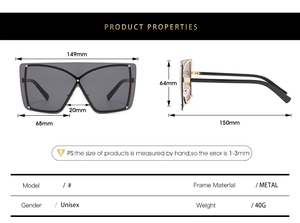 Detailed size specifications for oversized shield sunglasses with gold metal frame and black lenses