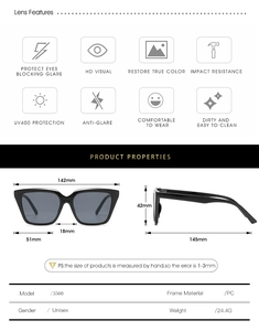 Detailed size specifications and material features of black square frame PC sunglasses