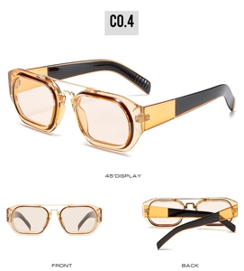 Three perspectives of amber rectangle sunglasses with double bridge and thick black temples