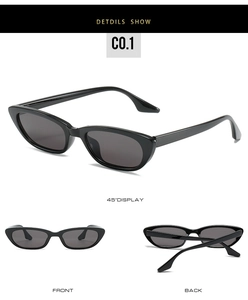 Détails multi-angles de lunettes de soleil œil de chat noires avec verres anti-UV