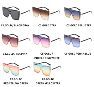 Collection of oversized shield sunglasses in eight color gradients with gold metal frames