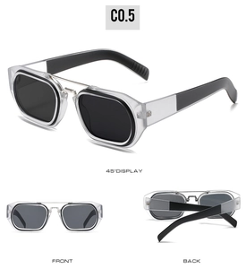 Three-way view of retro double-bridge sunglasses with clear frames and gray lenses