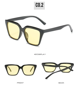 Three-angle view of large square frame sunglasses with black frames and yellow lenses