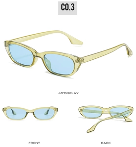 Vues détaillées de lunettes œil de chat avec monture jaune et verres bleu clair sous divers angles