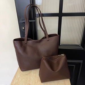 Large dark brown tote bag with matching pouch in premium lychee pattern leather