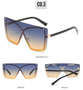 Three-view display of oversized square gradient lens sunglasses with black frame