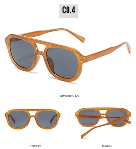 Detailansicht der quadratischen orangefarbenen Sonnenbrille mit Doppelsteg und Gläsern