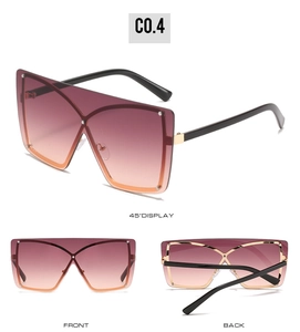 Three-view layout of oversized shield sunglasses with gradient lenses and silver rivet details