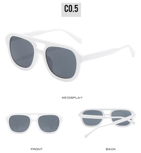 Detaillierte Mehrwinkelansicht der quadratischen Retro-Sonnenbrille in Weiß mit grauen Gläsern