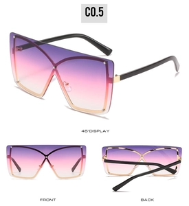 Three-angle view of oversized rimless sunglasses with purple gradient lenses and black temples
