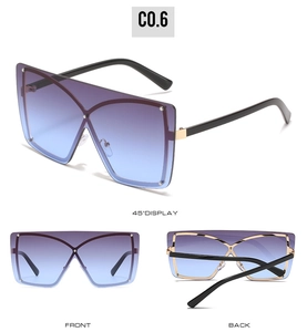 Three-view display of gradient oversized shield sunglasses with gold metal hinges