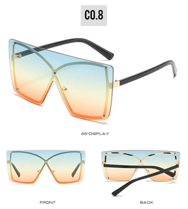 Detailed views of oversized square sunglasses with blue to orange gradient lenses
