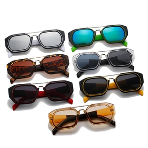 Set of retro geometric sunglasses with double bridge metal frames in multiple colors