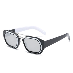 Modern rectangular sunglasses with black and white frames and a silver double bridge