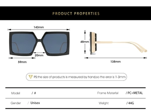 Guide des tailles détaillé pour lunettes de soleil carrées noires avec branches en métal