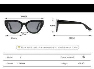 Detailed size chart for black cat-eye sunglasses with PC frame measurements