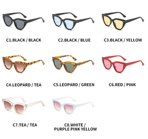 Detail showing eight stylish cat-eye sunglasses color variants in a clean matrix view
