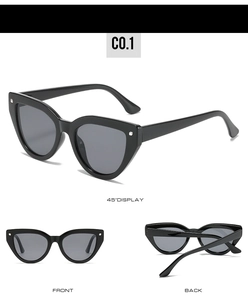 Three-way view of black cat-eye sunglasses showing front, back and 45-degree angles