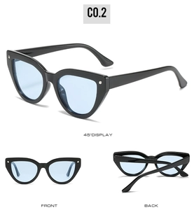 Three-angle view of cat-eye sunglasses with black glossy frames and light blue lenses