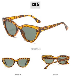 Multi-angle view of leopard print cat eye sunglasses with dark green lenses in detail
