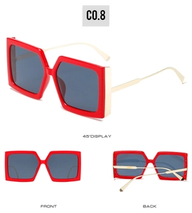Vues détaillées sous trois angles de lunettes de soleil carrées rouges avec branches dorées