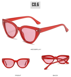 Three views of translucent red cat eye sunglasses showing front, back, and 45-degree angle
