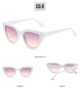 Three views of white cat eye sunglasses with purple gradient lenses from different angles