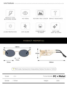 Detailed dimension chart and UV400 protection features for small round metal sunglasses
