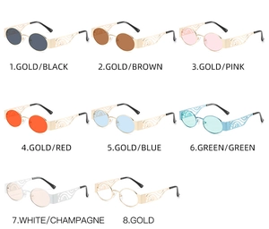 Collection of metal oval sunglasses featuring hollow wavy temples in eight assorted colors