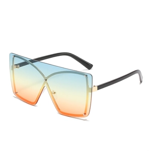 Oversized square shield sunglasses with blue orange gradient lenses and black gold frame